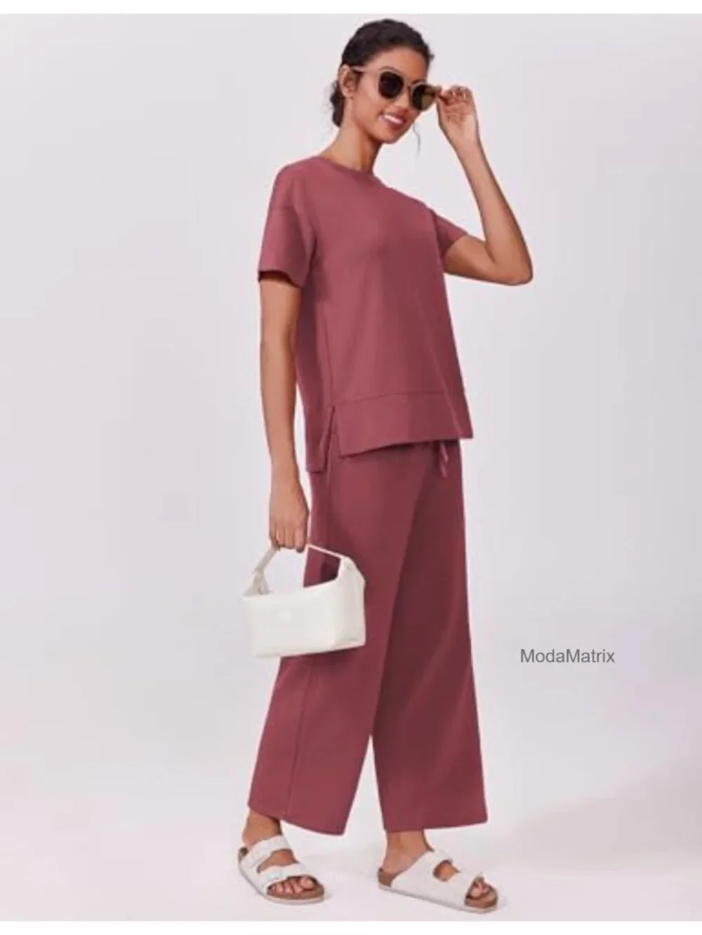 2 Piece Lounge Set Short Sleeve Wide Leg Pants Travel Matching Outfit